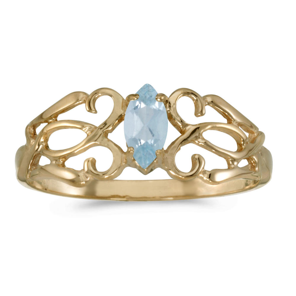 Direct-Jewelry 10k Yellow Gold Marquise Aquamarine Filagree Ring