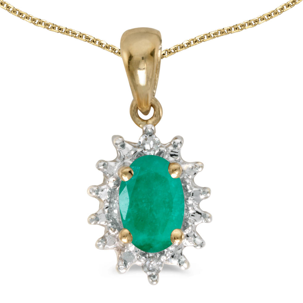 DIRECT-JEWELRY DON'T FORGET THE DASH 14k Yellow Gold Oval Emerald And Diamond Pendant with 18" Chain