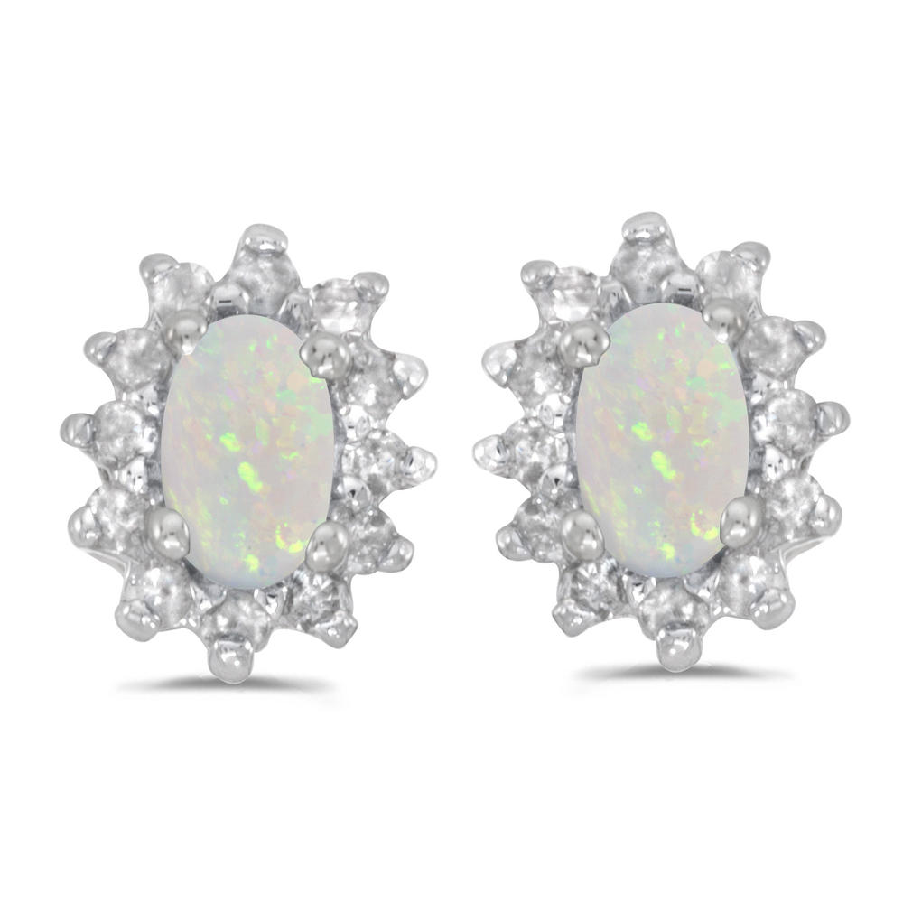 DIRECT-JEWELRY DON'T FORGET THE DASH 14K White Gold .16 ct Oval Opal 5x3mm Gemstone Stud Flower Shape .25 ct Diamond Stud Earrings for Women