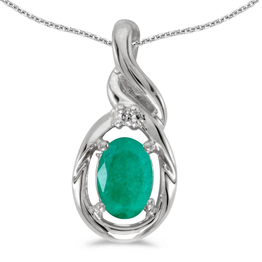 DIRECT-JEWELRY DON'T FORGET THE DASH 14k White Gold Oval Emerald And Diamond Pendant with 18" Chain