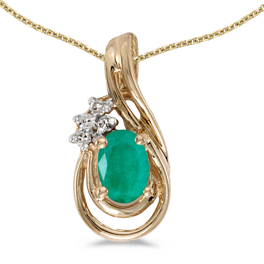 DIRECT-JEWELRY DON'T FORGET THE DASH 14k Yellow Gold Oval Emerald And Diamond Teardrop Pendant with 18" Chain