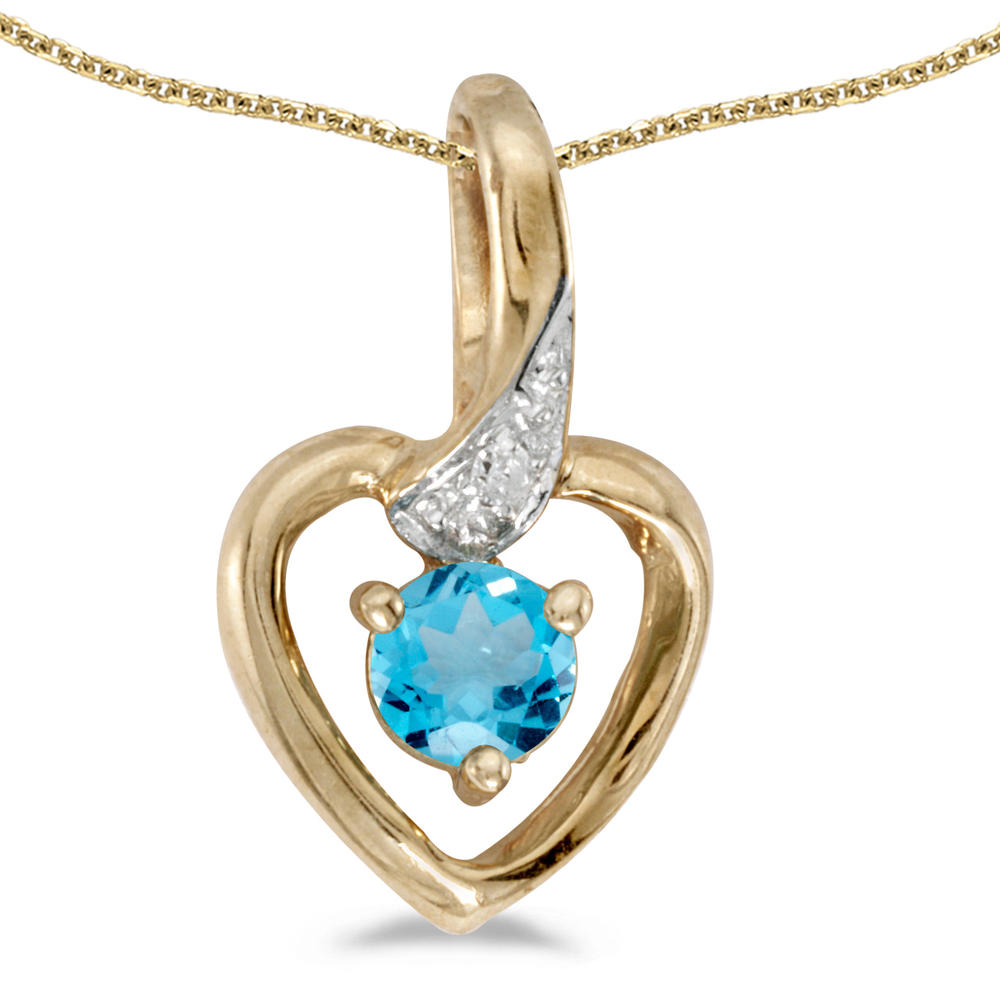DIRECT-JEWELRY DON'T FORGET THE DASH 14k Yellow Gold Round Blue Topaz And Diamond Heart Pendant with 18" Chain