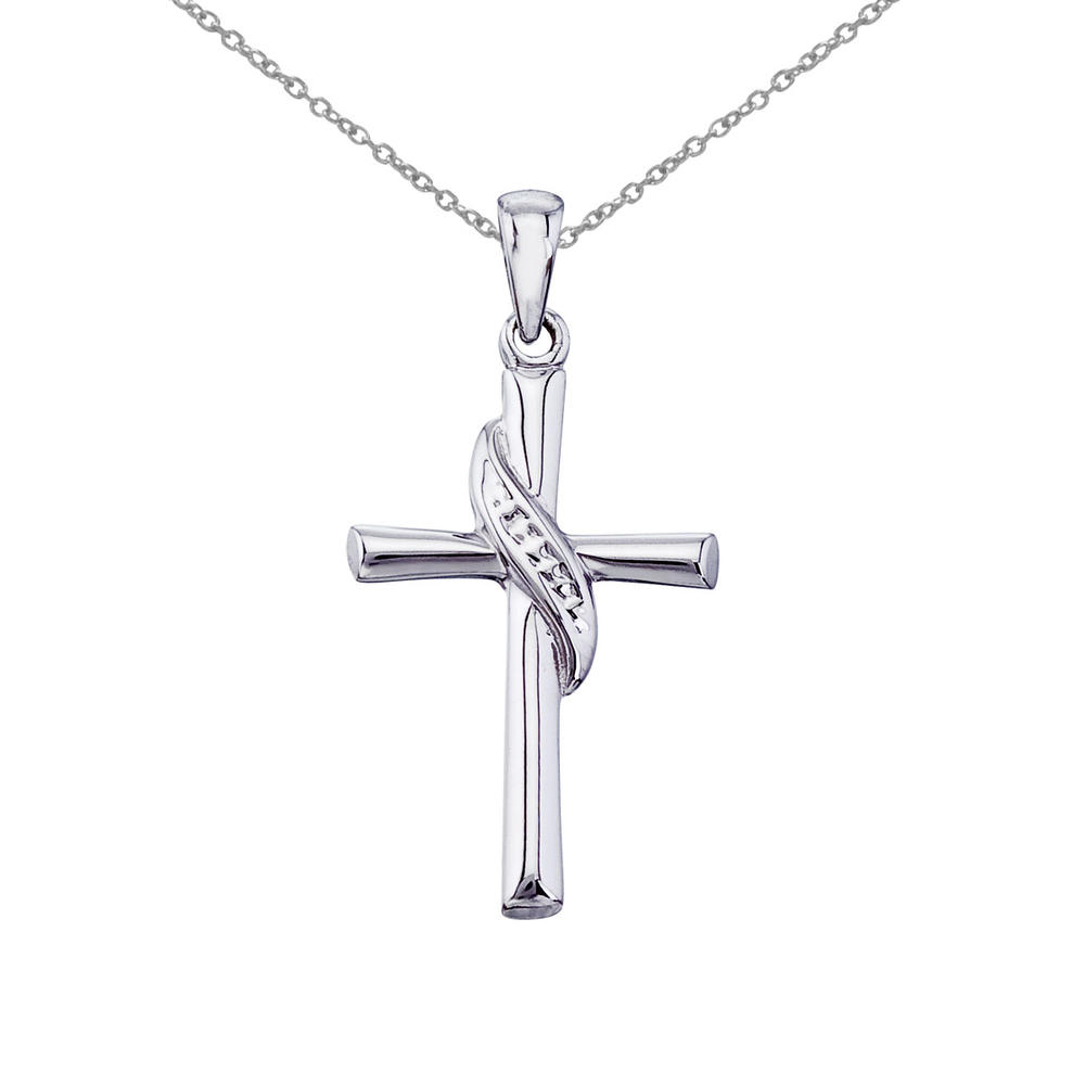 DIRECT-JEWELRY DON'T FORGET THE DASH 14K White Gold Swirl Cross Pendant with 18" Chain
