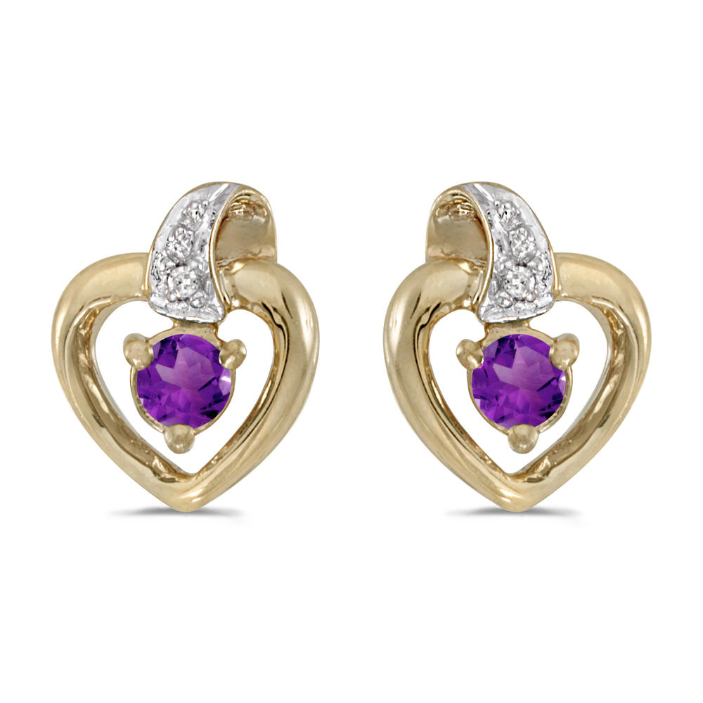 DIRECT-JEWELRY DON'T FORGET THE DASH 10k Yellow Gold Round Amethyst And Diamond Heart Earrings