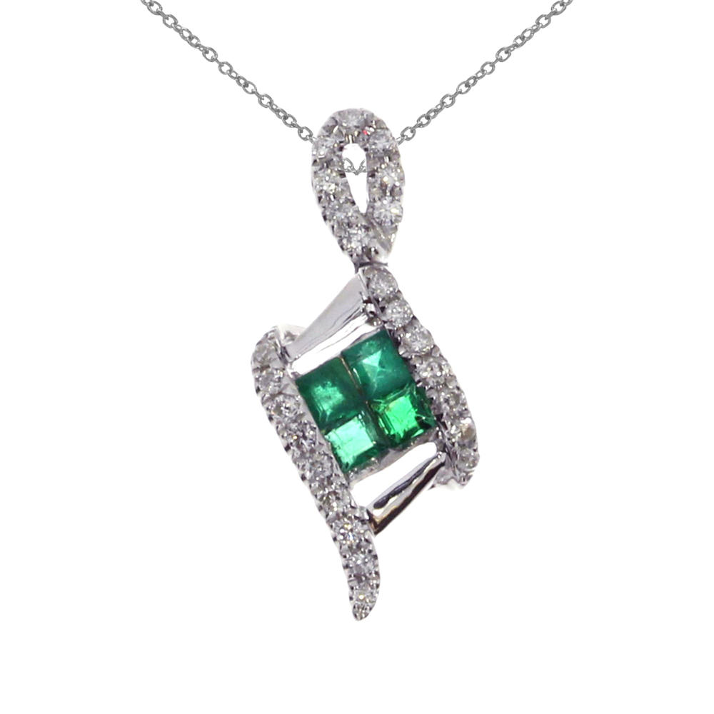 DIRECT-JEWELRY DON'T FORGET THE DASH 14K White Gold Emerald Angled Pendant with 18" Chain
