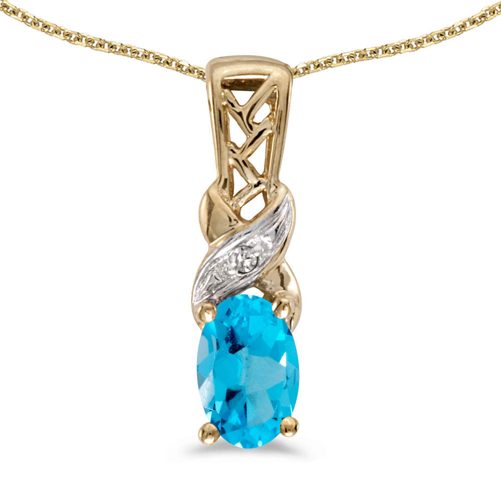 DIRECT-JEWELRY DON'T FORGET THE DASH 10k Yellow Gold Oval Blue Topaz And Diamond Pendant with 18" Chain