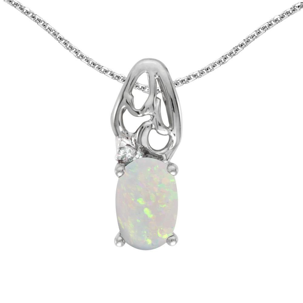 DIRECT-JEWELRY DON'T FORGET THE DASH 10k White Gold Oval Opal And Diamond Pendant with 18" Chain