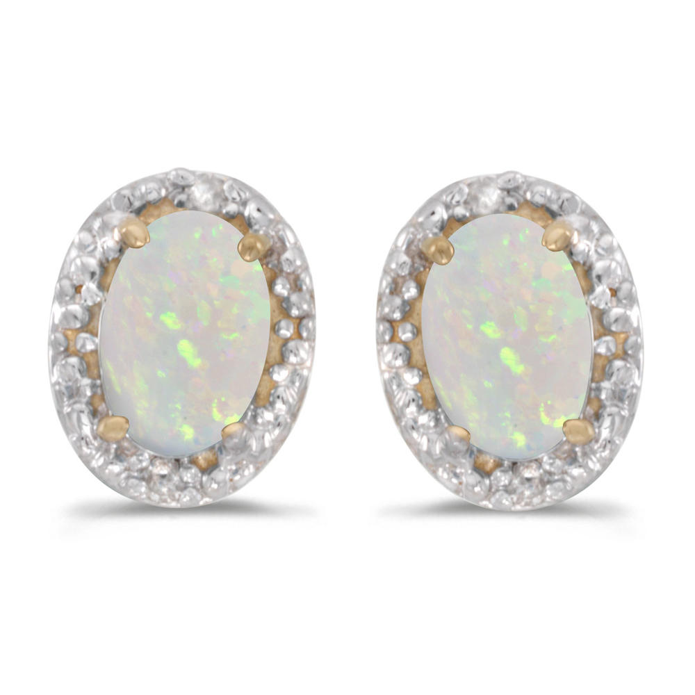 DIRECT-JEWELRY DON'T FORGET THE DASH Women’s 10K Yellow Gold Oval Opal Gemstone 6x4mm Diamond Accented Stud Earrings, (.38 ct)