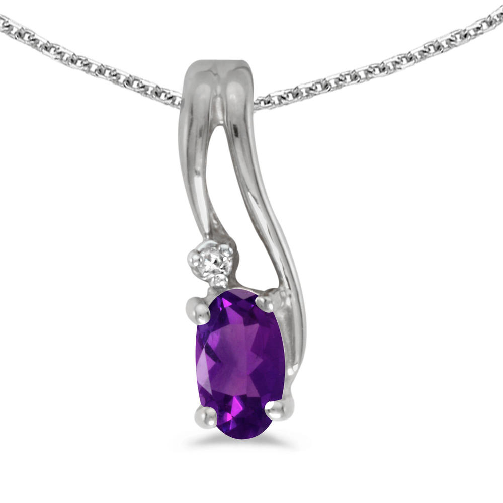 DIRECT-JEWELRY DON'T FORGET THE DASH 10k White Gold Oval Amethyst And Diamond Wave Pendant with 18" Chain
