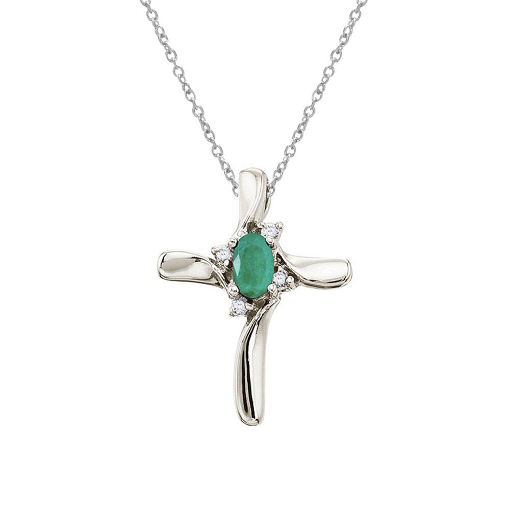DIRECT-JEWELRY DON'T FORGET THE DASH 10k White Gold Emerald and Diamond Cross Pendant with 18" Chain