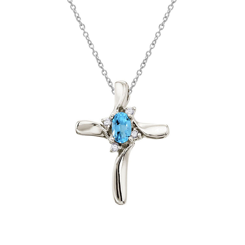 DIRECT-JEWELRY DON'T FORGET THE DASH 10k White Gold Blue Topaz and Diamond Cross Pendant with 18" Chain