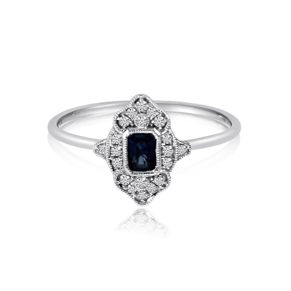 Direct-Jewelry 14k White Gold Filigree Emerald Cut Sapphire and Diamond Ring
