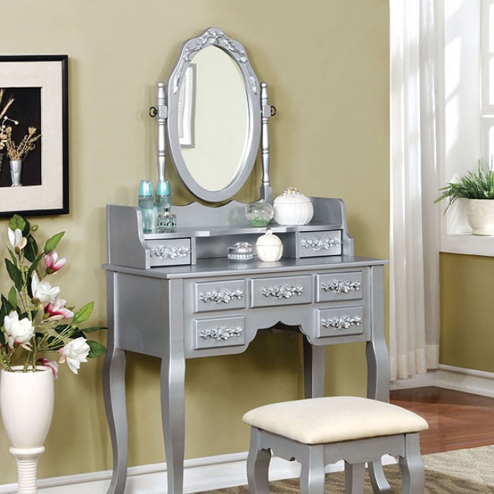 Makeup Vanity Table Furniture Of America Cm Dk6845sv 3 Pc Harriet Collection Transitional Style Silver Finish Wood Bedroom