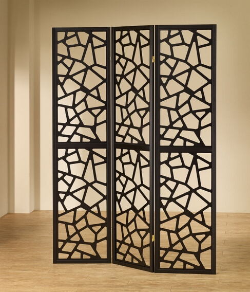 Coaster 900092 3 panel black finish wood frame room divider shoji screen  with intricate cut geometric design. measures 3 (18