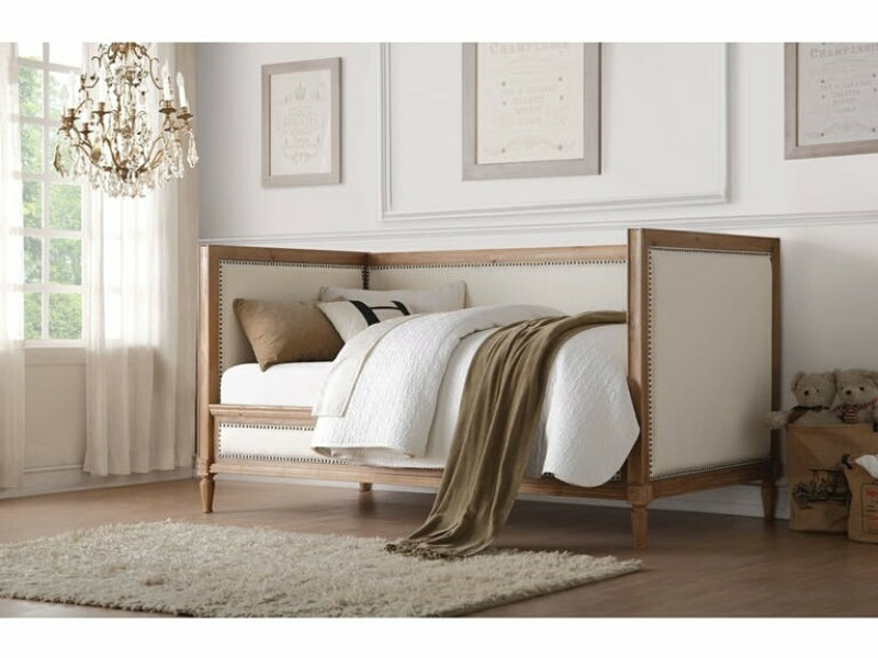 Acme United Acme 39175 Charlton Salvage Oak Finish Cream Linen Nail Head Trim Wood Twin Day Bed