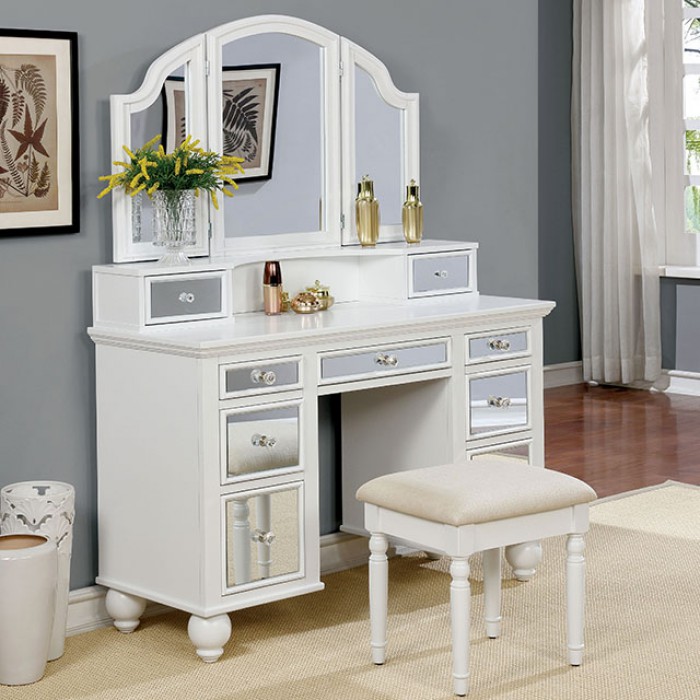 Furniture of America CM-DK6162WH 3 pc tracy white finish wood make up bedroom vanity set