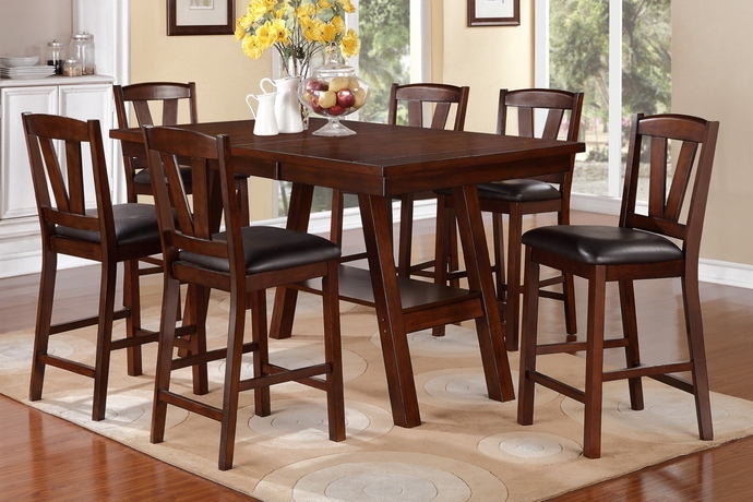 Poundex F2273-1333 7 pc montana dark walnut finish wood counter height dining table set padded seats