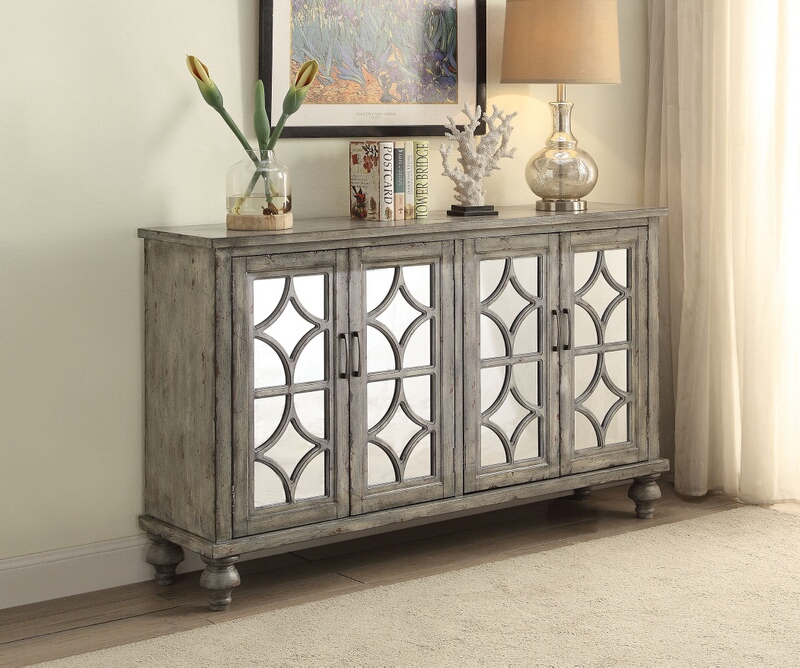 Acme United 90280 Velika Weathered Gray Finish Wood Mirror Fronts Hall Console Table Acme United 90280 Velika Weathered, Wood And Mirror Console Table