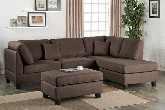 Poundex F7608 3 pc Ivy bronx vita martinique chocolate polyfiber fabric sectional sofa reversible chaise and ottoman