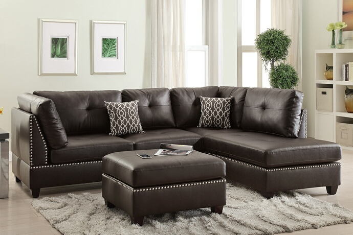 Poundex F6973 3 pc Viola martinique espresso bonded leather sectional sofa with reversible chaise and ottoman