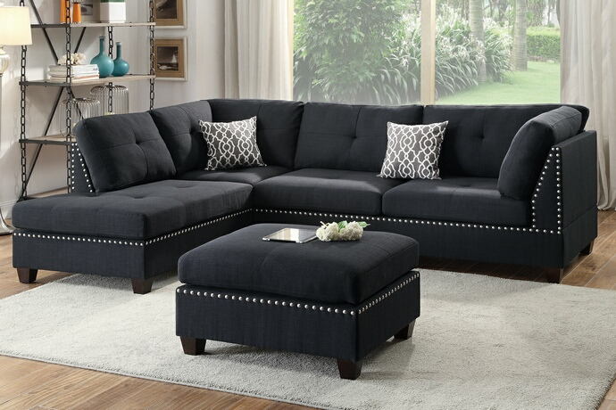 Poundex F6974 3 pc Chapin viola martinique black linen like fabric sectional sofa reversible chaise and ottoman