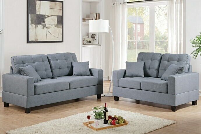 Poundex F7858 2 pc Aria collette grey faux linen fabric sofa and love seat set