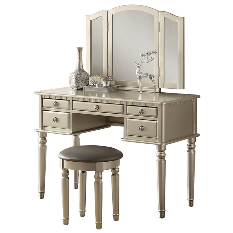 Makeup Vanity Set Mirror Amb Furniture Poundex F4079 3 Pc Silver Finish Wood Make Up Bedroom Vanity Set Tri Fold