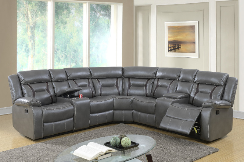Poundex F6650 3 Pc Collette Ii Grey Gel Leatherette Sectional Sofa With Consoles And Recliners - Poundex Sectional Sofa Poundex F6650 3 Pc Collette Ii Grey Gel Leatherette Sectional Sofa With Consoles And Recliners - Poundex Sectional Sofa