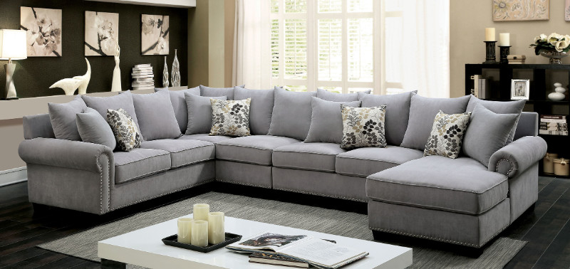 Furniture Of America Cm6156gy 3 Pc Skyler Gray Fabric Sectional Sofa With Nail Head Trim Accents