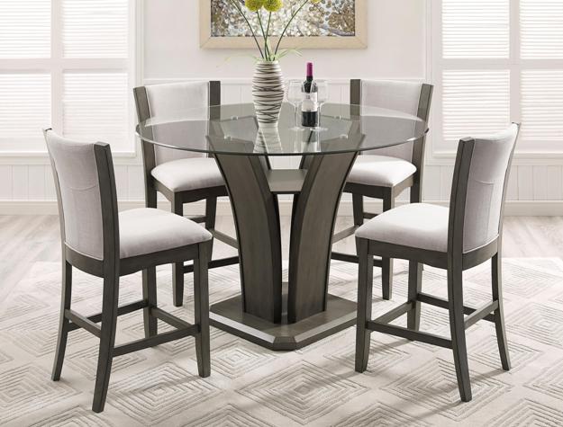 Crown Mark CM1710T-GY-54 5 pc 5 pc Camelia grey finish wood base and 54" round glass top counter height dining table set with grey chairs