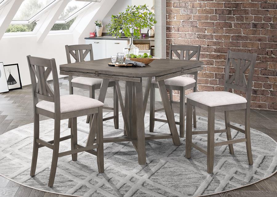 Coaster 109858 5 pc Rosecliff heights athens barn grey finish wood round /square drop leaf counter height dining table set