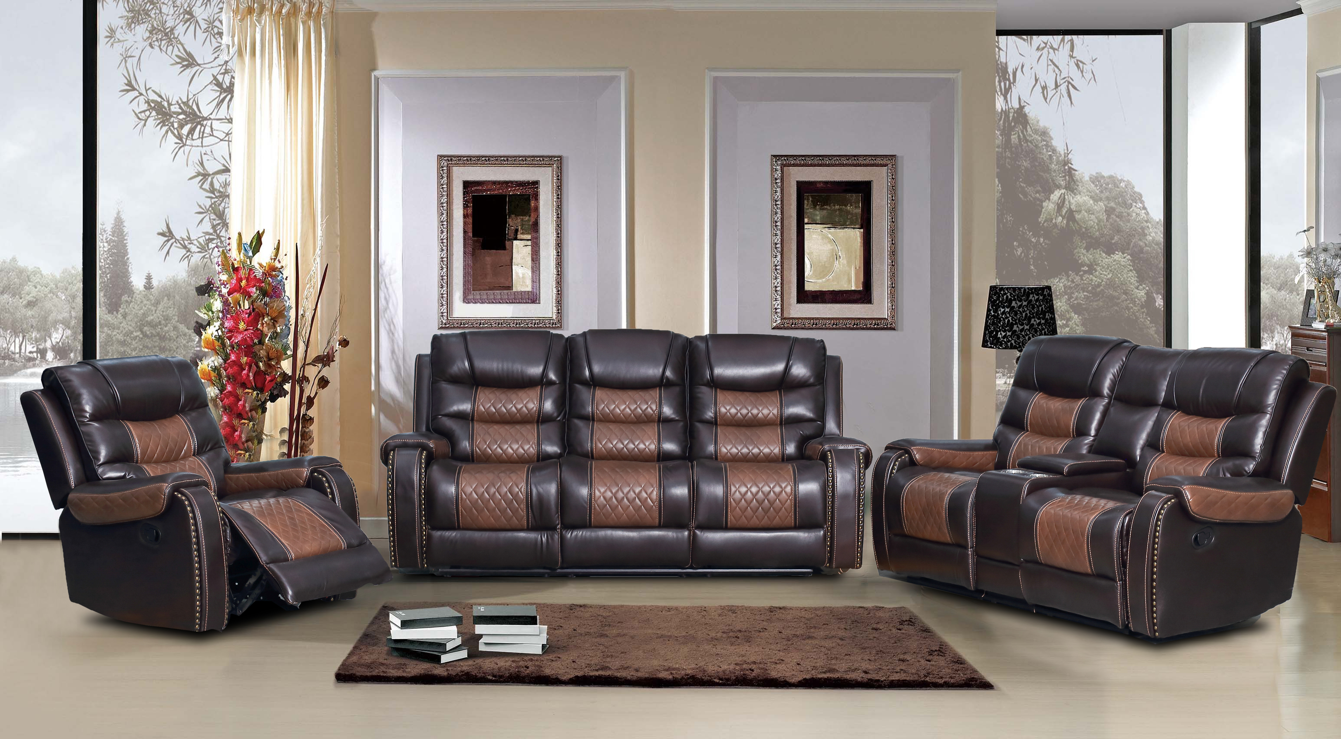 Classic double reclining loveseat bonded leather living room recliner black Brown Leather Double Reclining Loveseat W Console By Ashley Furniture