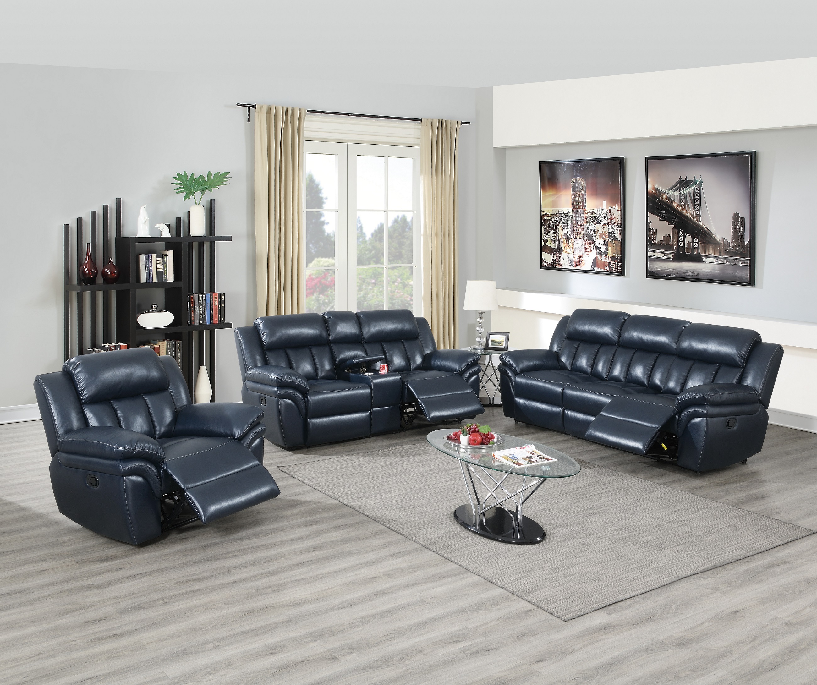 Recliner Furniture Couch, Navy Blue Leather Reclining Living Room Set