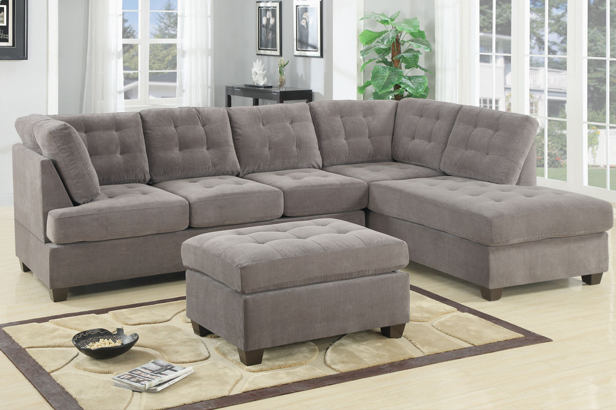 Esofastore Waffle Suede Charcoal Cushion Tufted Sectional Sofa Set Reversible Chaise Sofa Couch Pillows Living Room Furniture