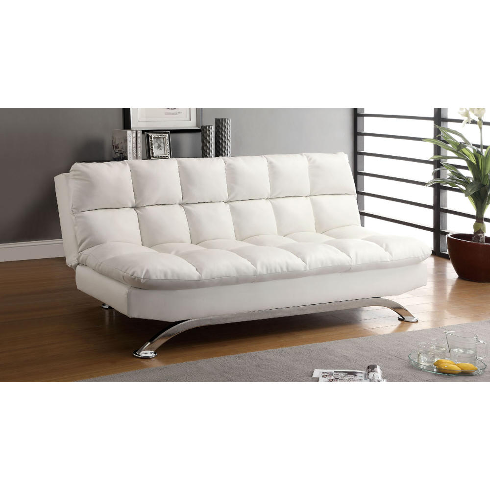 Esofastore Futon Sofa Bed Plush Comfort Relax Living Room White Leatherette Couch Contemporary Style Converts to Bed