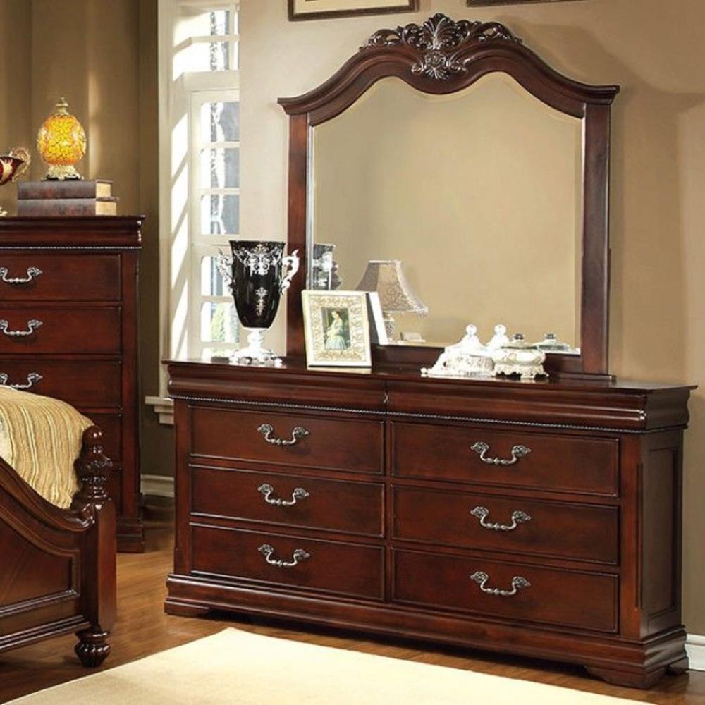 Esofastore Luxurious Cherry Finish 4pc Set California king Size Bed Dresser Mirror Nightstand Bedroom Furniture Solid Wood