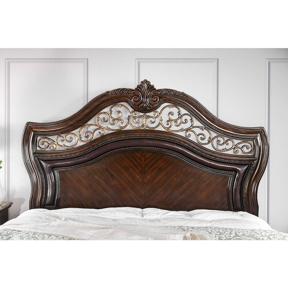 Esofastore Menodora Bedroom Traditional Brown Cherry Finish 4pc Set Queen Size Bed Dresser Mirror Nightstand Camelback HB