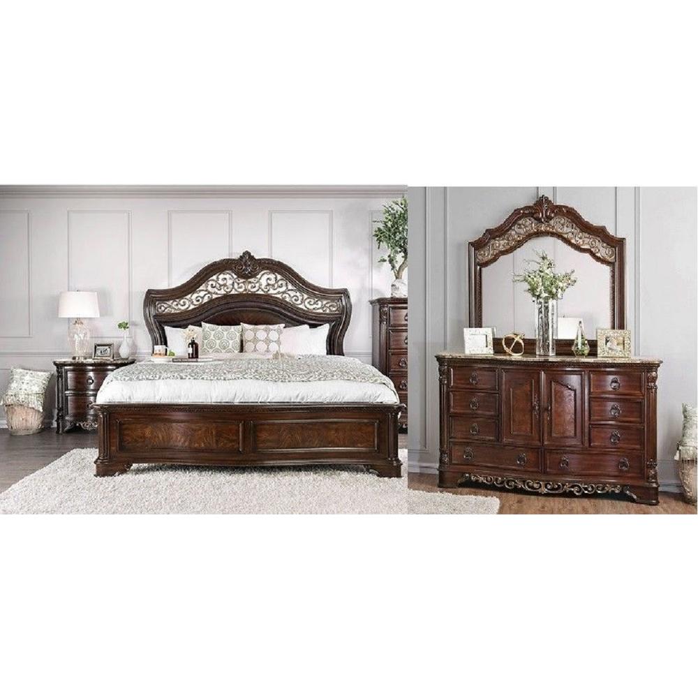 Esofastore Menodora Bedroom Traditional Brown Cherry Finish 4pc Set Queen Size Bed Dresser Mirror Nightstand Camelback HB