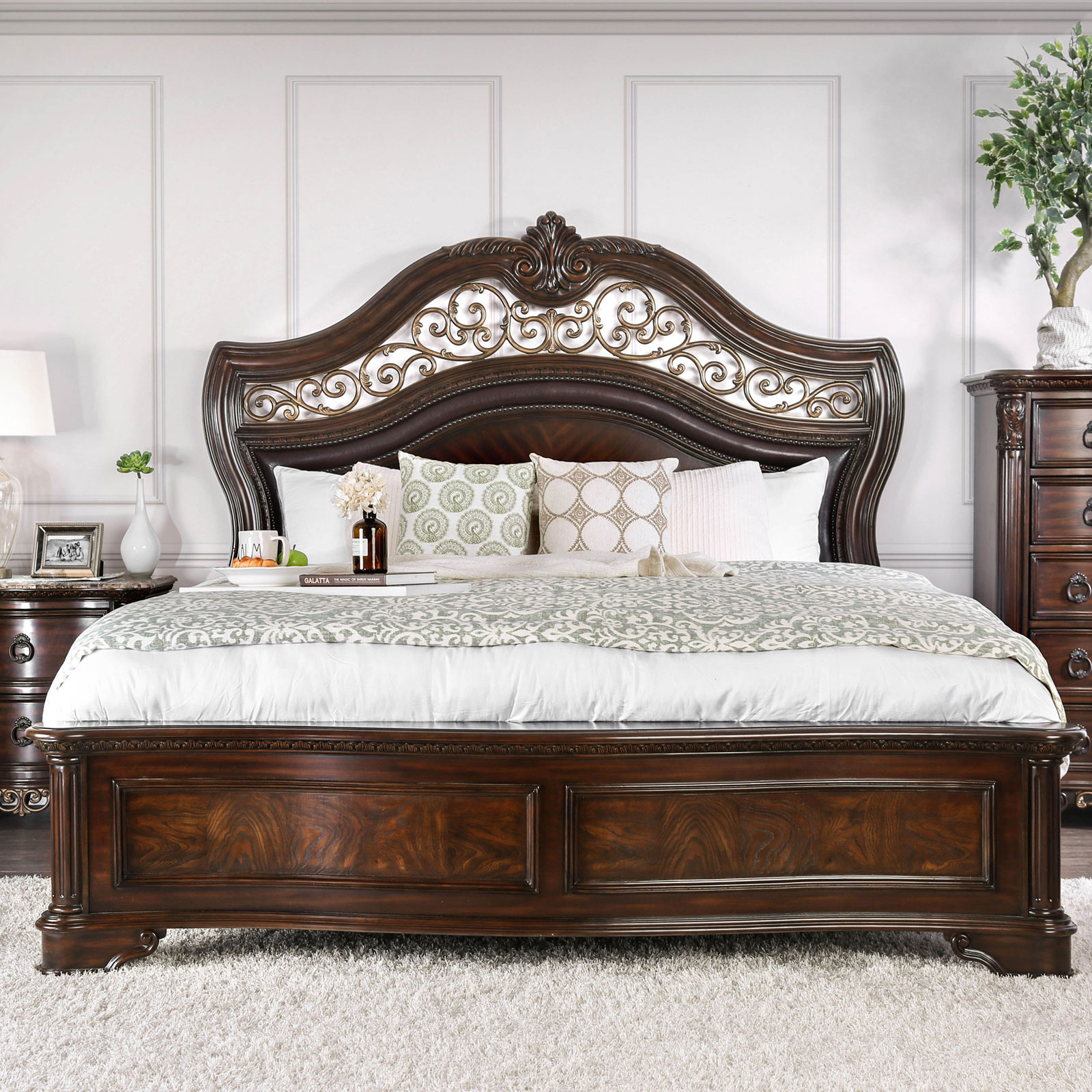 Esofastore Bedroom Solid Wood Camelback Headboard Traditional Formal  California King Size Bed Brown Cherry Sleigh Bed