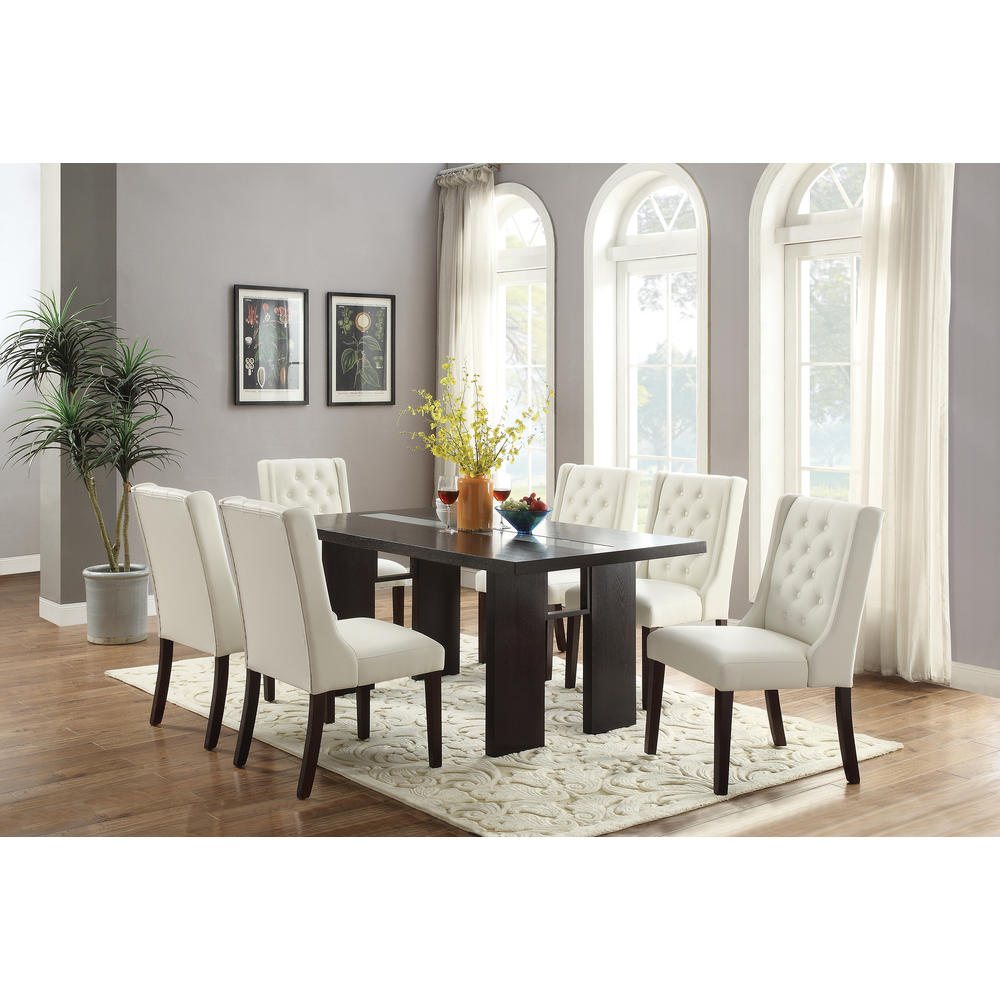 Esofastore Dining Room Contemporary 7pc Set Dining Table 6x Chairs White Faux Leather Uphostered Tufted Chair