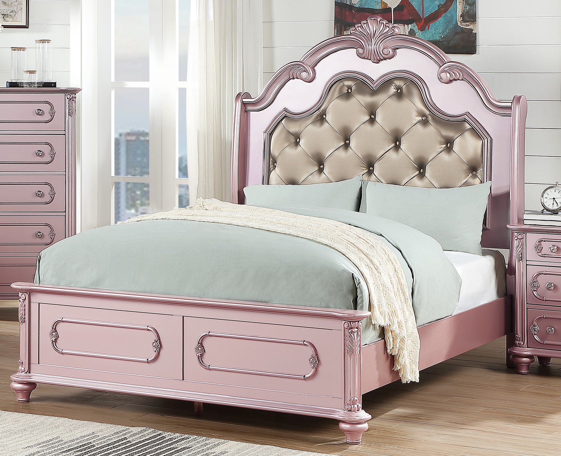 Esofa 1pc Bedroom Queen Size Bed, Gold Upholstered Headboard Queen