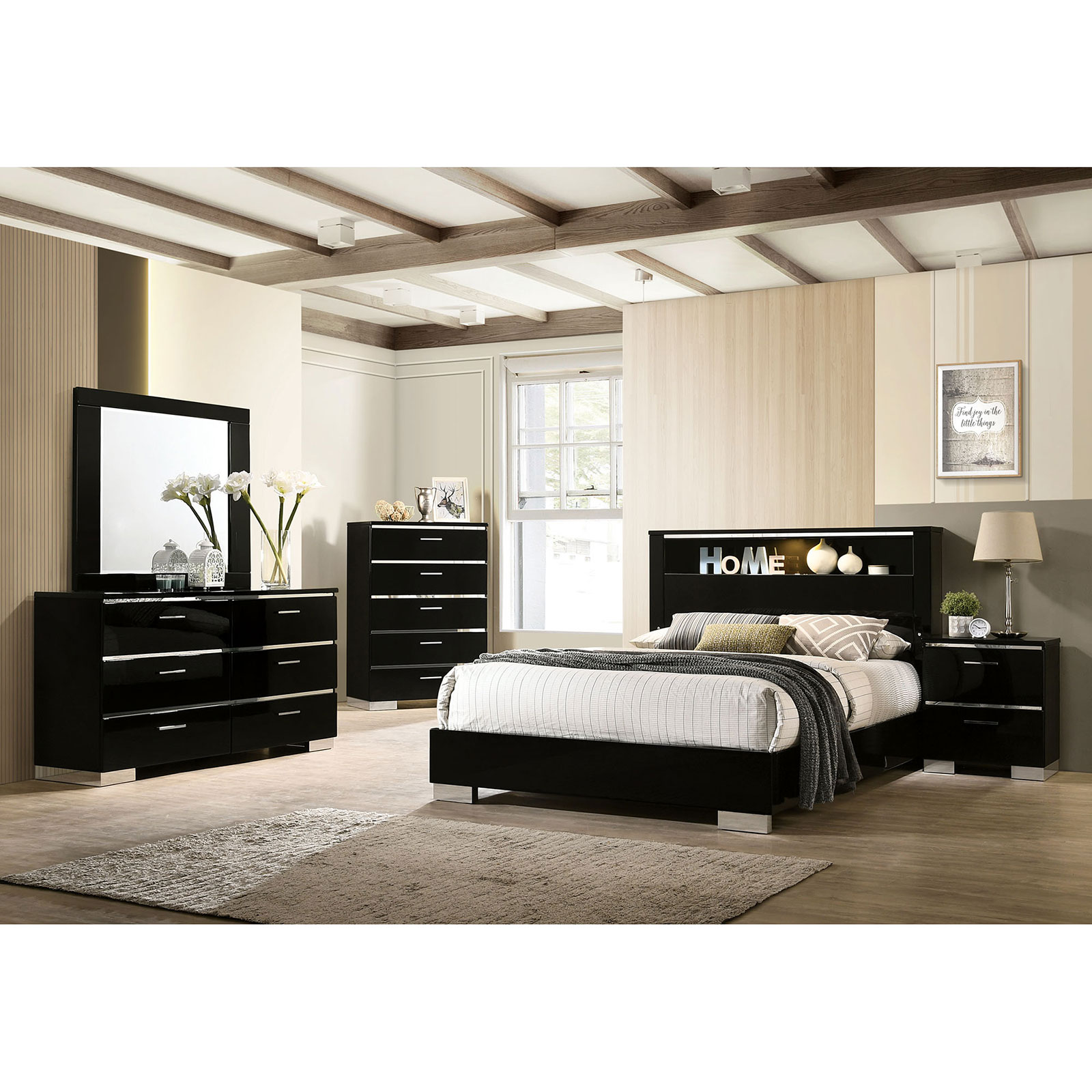 High Gloss Lacquer Coating Queen Size, Black Dresser Set With Mirror