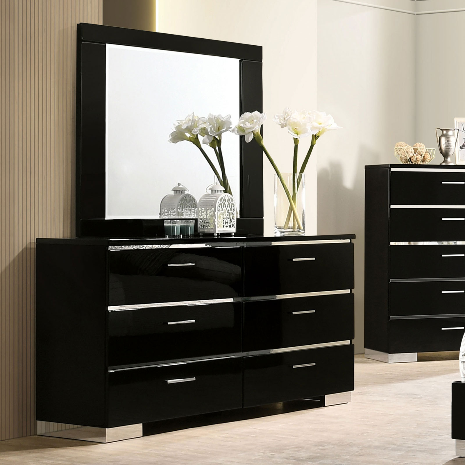 Bed 4pc Set Dresser Mirror Nightstand, Black Lacquer Dresser Furniture