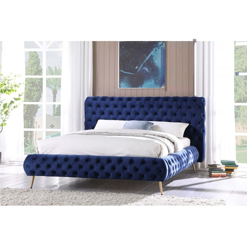 Esofa Tufted Blue Velvet 1pc, California King Gold Bed Frame