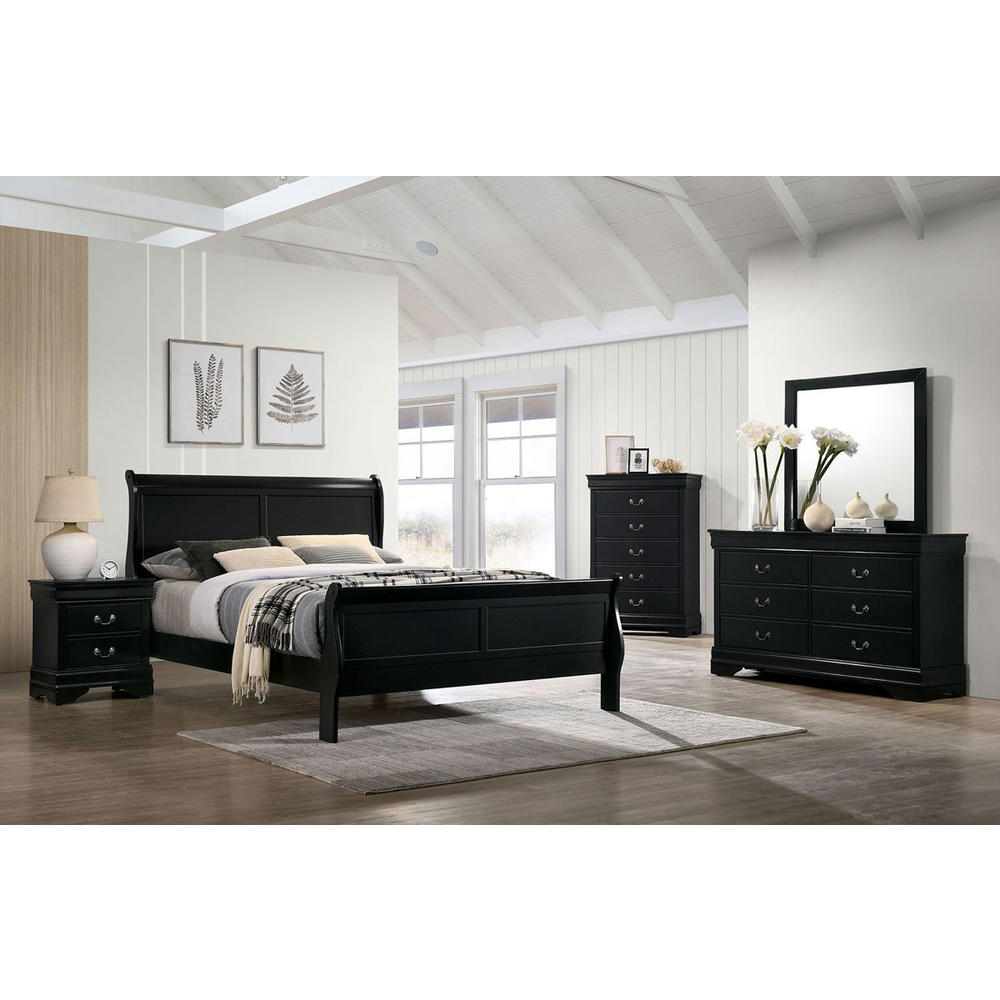 Esofastore Full Size Bed 2x Nightstands Antique Nickel Hanging Pulls 3pc Bedroom Set Classic Sleigh Bedroom Furniture in Black Solid wood
