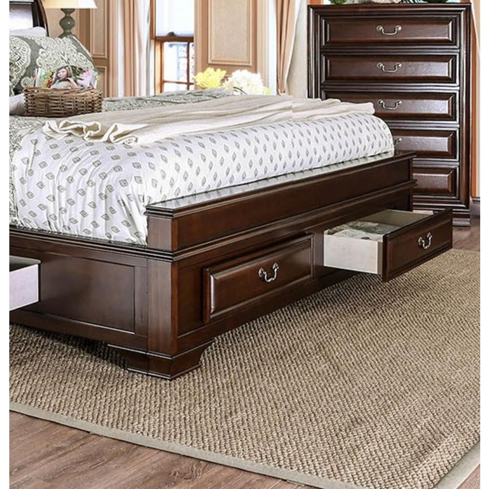 Esofastore Elegance Bedroom Furniture Transitional Solid wood 3pc Cal King Size Bed 2x Nightstands w USB Brown Cherry Storage Bed Drawers