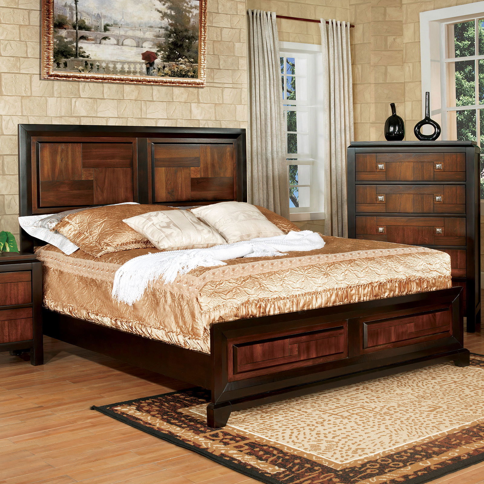 Esofastore Eastern King Size Bed Acacia Panel Headboard Footboard Unique Two Tone Walnut Finish Bedframe 1pc Bedroom Furniture Bed