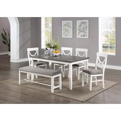 Esofastore White Finish 6pc Dining Set Round Table 4 Chairs Bench Classic Design Wooden Fabric Cushion Seats Chairs Dining Room Furniture