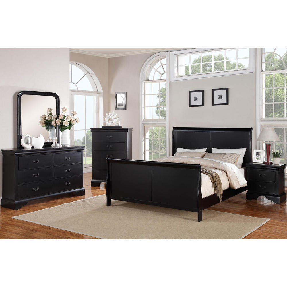Esofastore Gorgeous Black 3pc Beautiful Louis Philippe Style Eastern King Size Sleigh Bed 2x Nightstand Set Wooden Bedroom Furniture