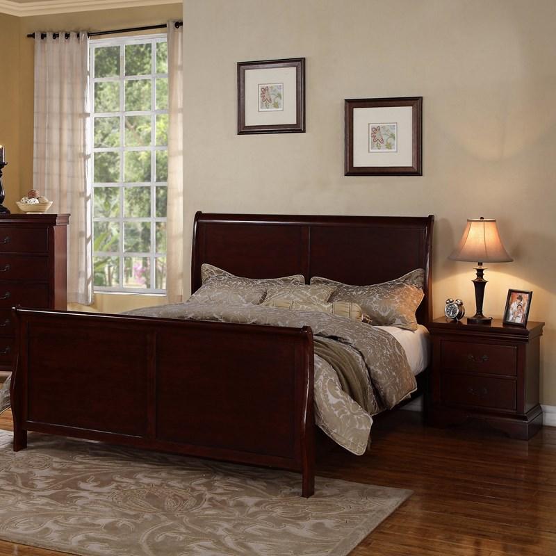 Esofastore Gorgeous Cherry 3pc Beautiful Louis Philippe Style Eastern King Size Sleigh Bed 2x Nightstand Set Wooden Bedroom Furniture